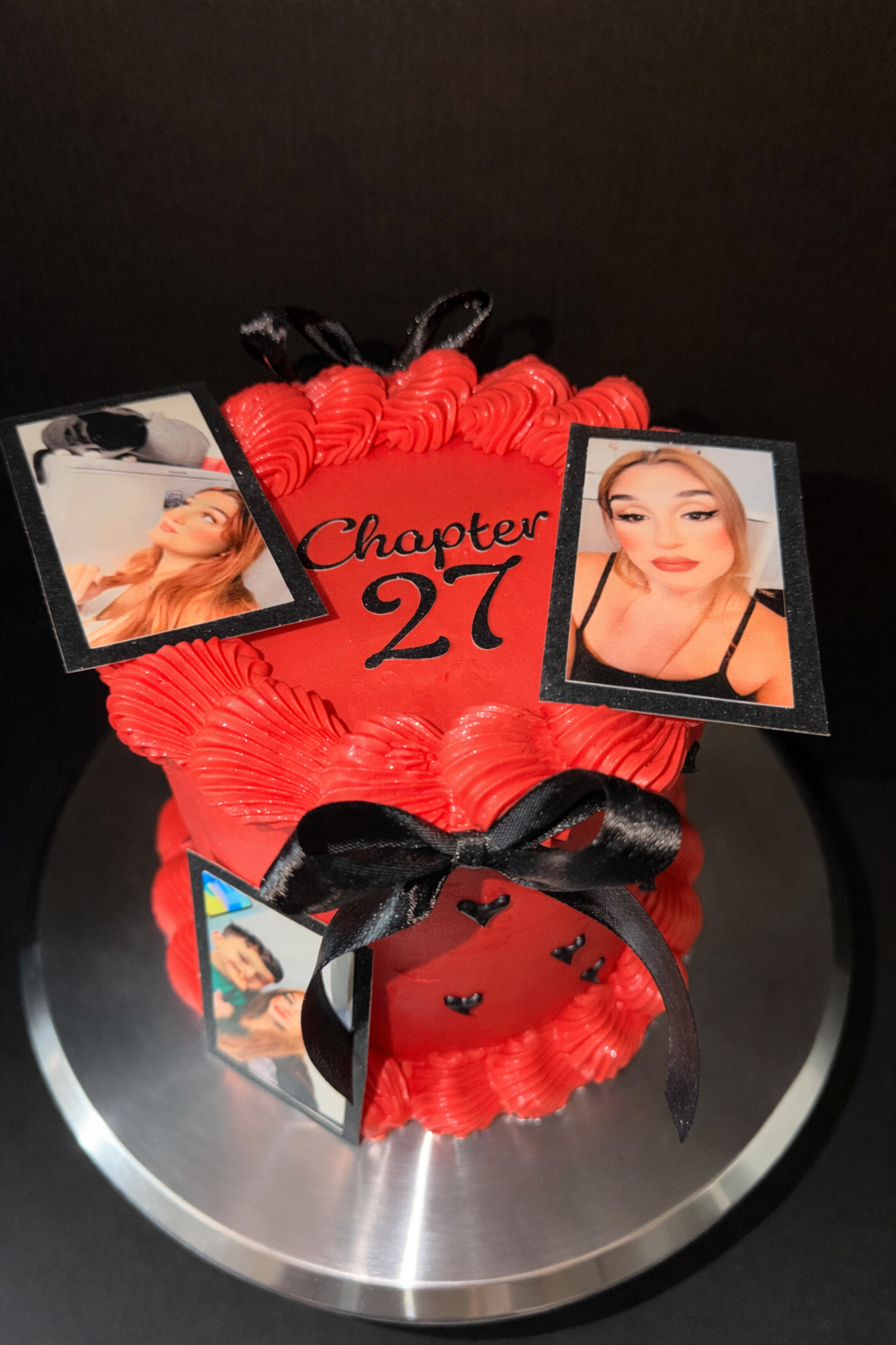 Red vintage heart birthday cake with edible photo prints and 'Chapter 27' topper