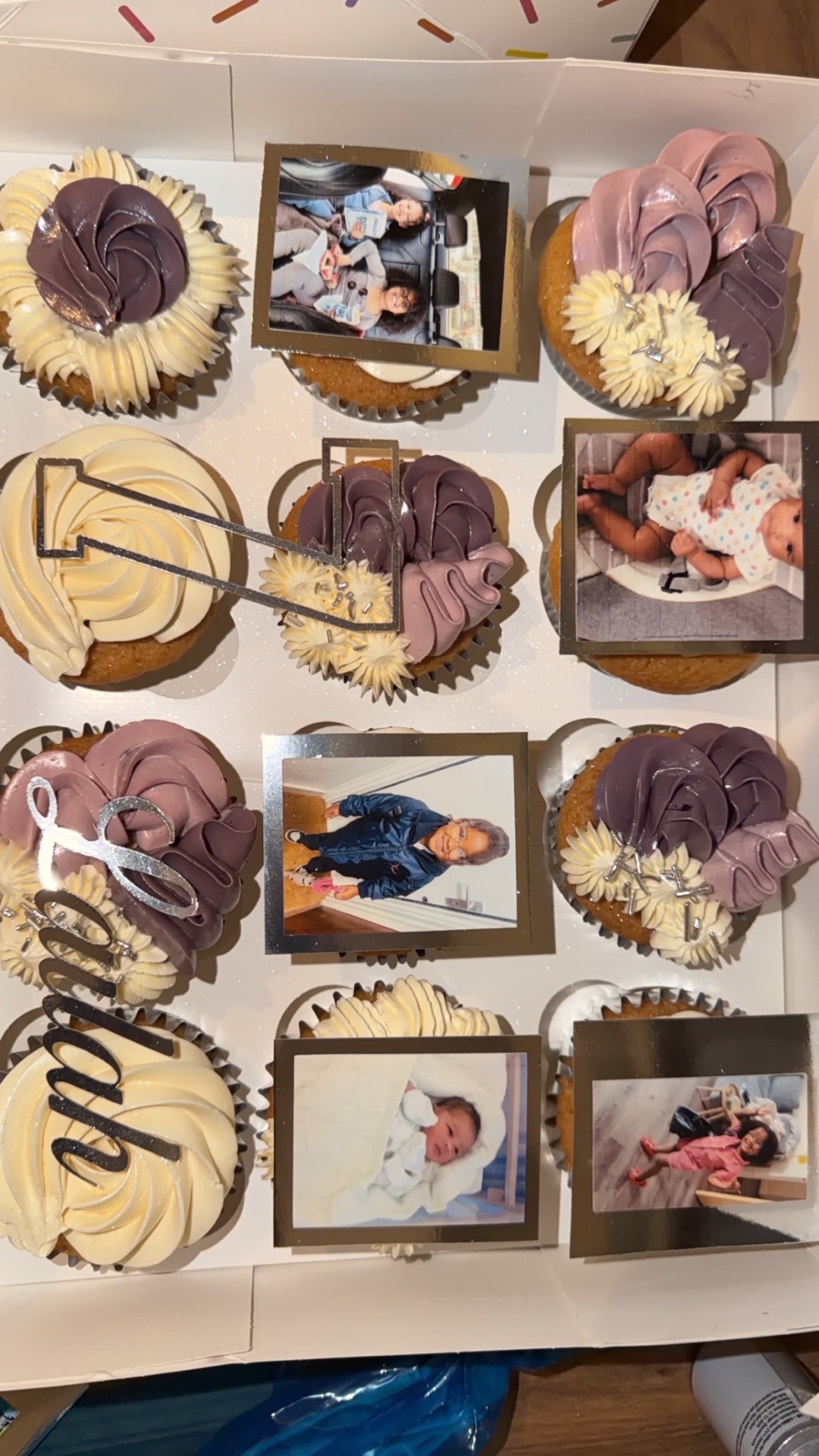 Memory-lane cupcakes with edible family photo toppers and mauve buttercream swirls
