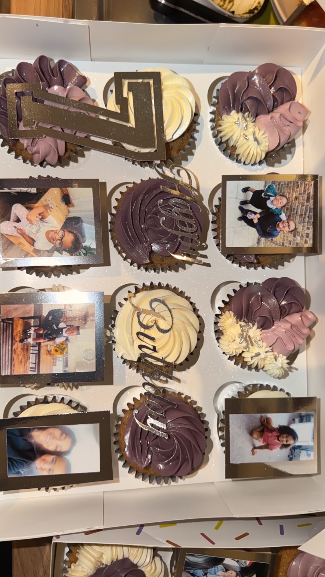 'Happy Birthday' personalised cupcake set with edible photos and gold toppers