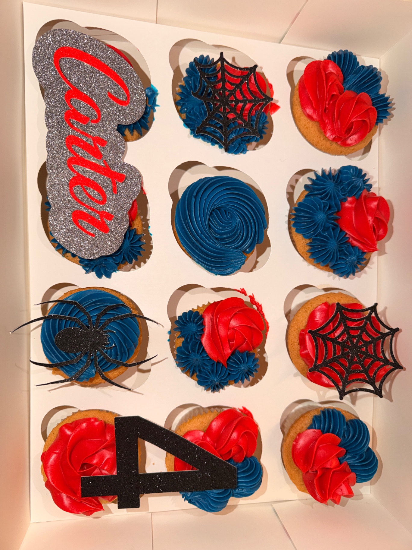 Carter Spider-Man themed cupcakes with personalised topper